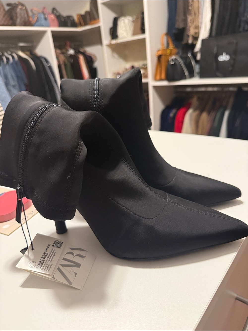 Zara Black Pointed Sock Booties with Fold-Over Zip Cuff